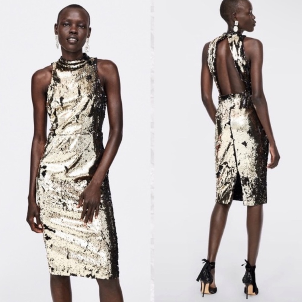 Zara Black Gold Open Back Sequin Pencil Midi Dress Medium i